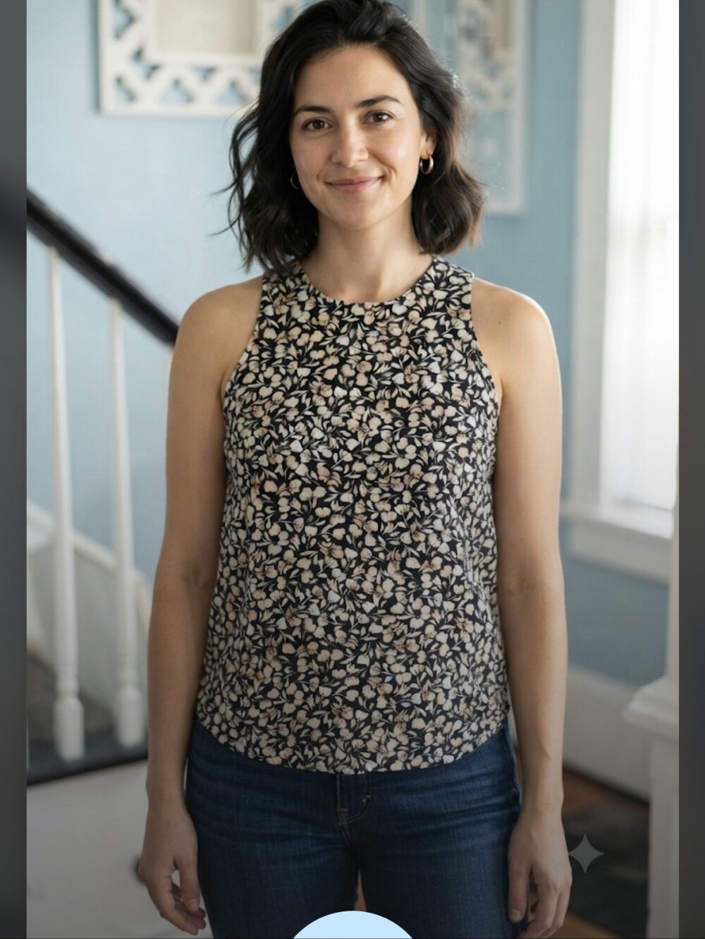 Who What Wear Sleeveless Black Floral Print Tank Top - Cream Floral